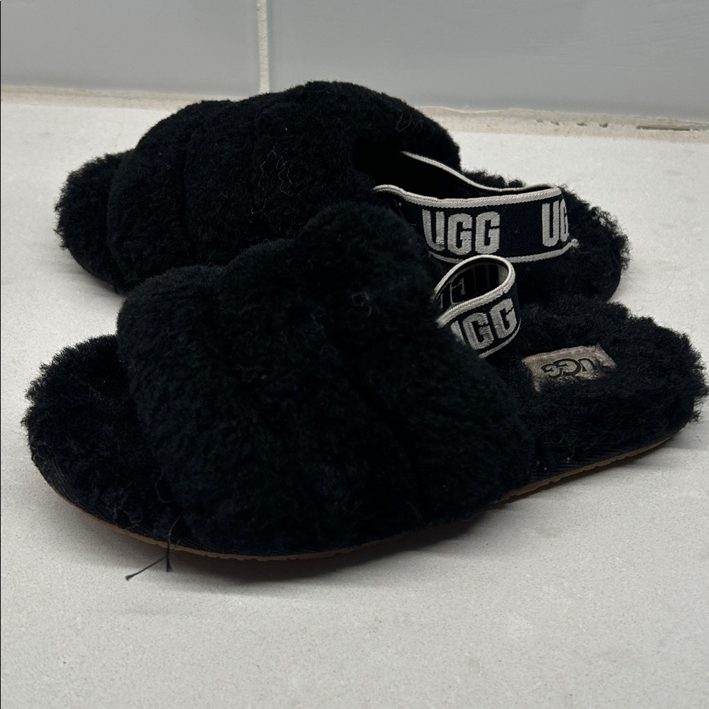 UGG Black Fluffy Slides with Logo Strap